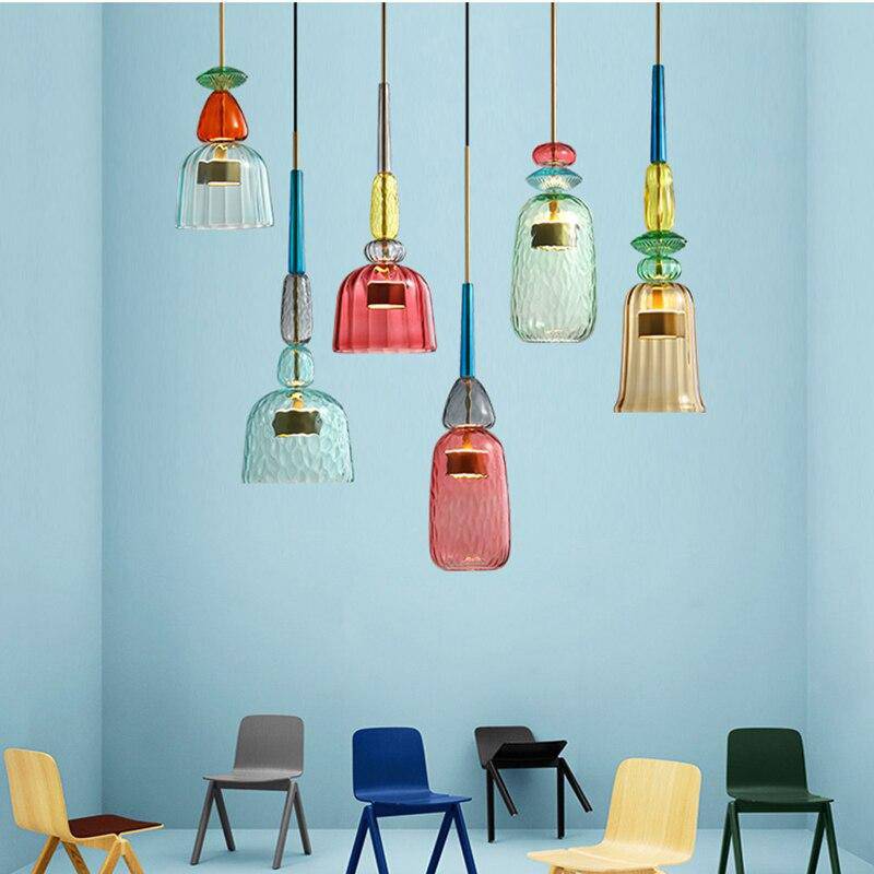 Modern glass pendant light, colorful design. Perfect ambient lighting for dining rooms.