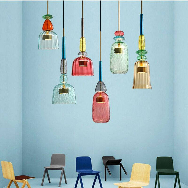 Modern glass pendant light, colorful design. Perfect ambient lighting for dining rooms.
