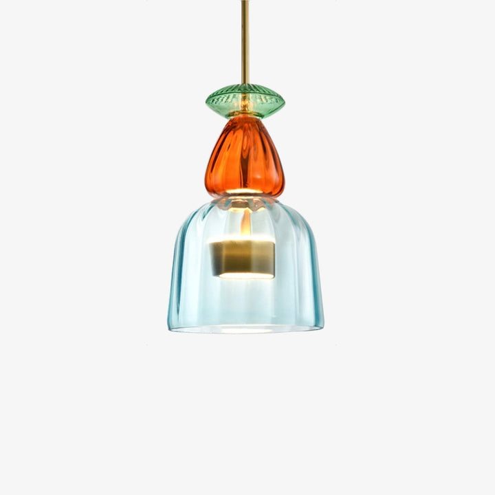 Modern colorful glass pendant fixture. Provides vibrant ambient lighting for dining & living areas.