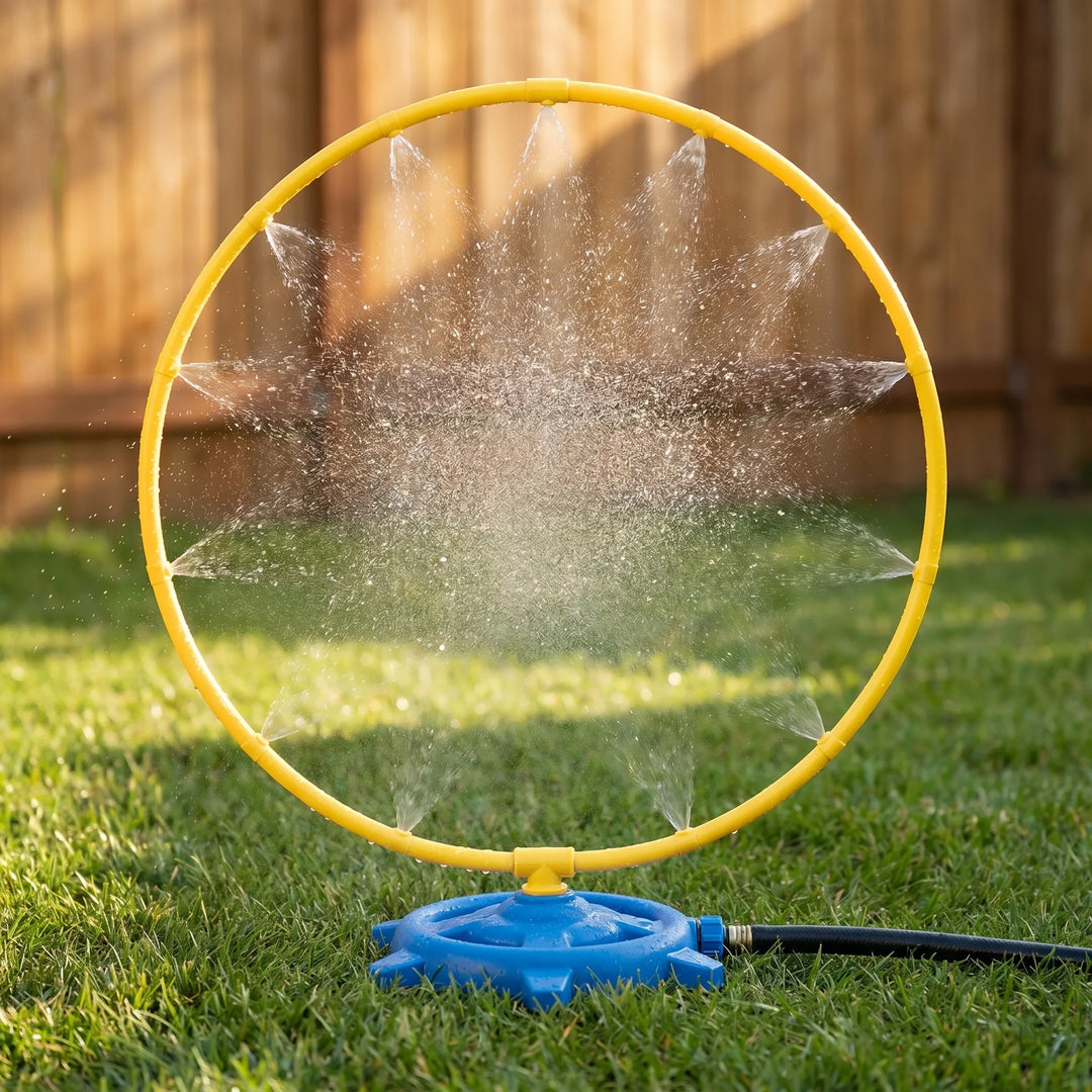 Colorful kids' rotating lawn water sprinkler toy creating a fun splash for outdoor summer play & backyard games.