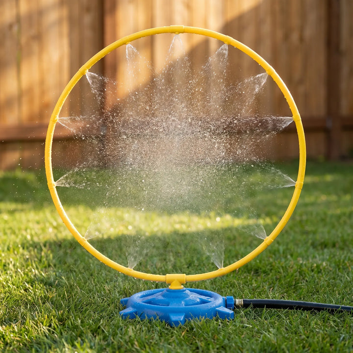 Colorful kids' rotating lawn water sprinkler toy creating a fun splash for outdoor summer play & backyard games.