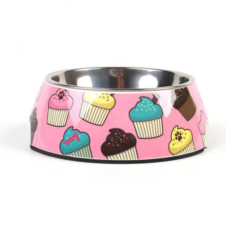 Vibrant pink dog bowl with durable stainless steel insert, a colorful accessory for pet feeding.