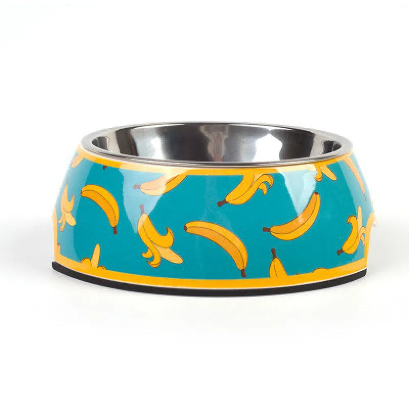 Green cat bowl with a shiny stainless steel insert, designed for pet food and water, easy to clean.