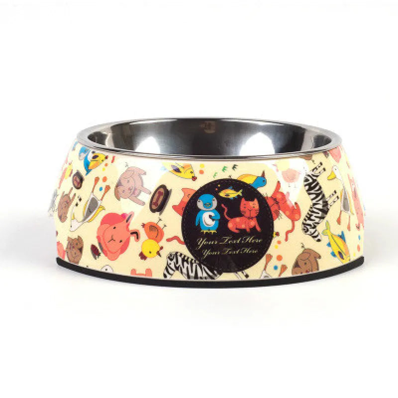Close-up of a colorful pet food bowl showing the stainless steel insert, durable pet supplies.