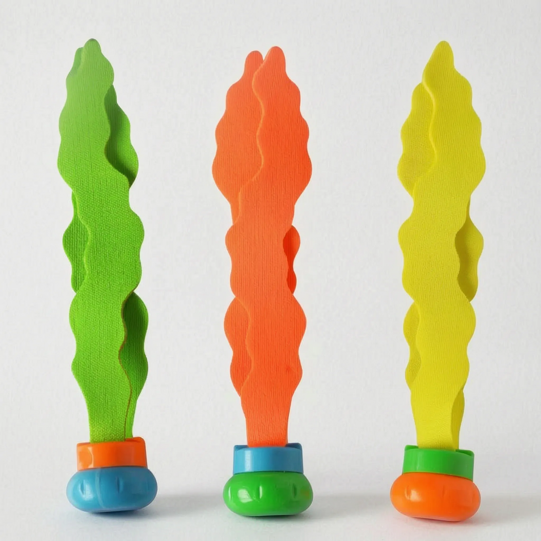 Close-up of vibrant weighted diving toys, ready for kids' underwater pool adventures & summer fun.