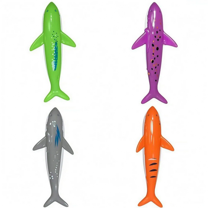 Kids playing with colorful weighted diving toys in a pool, enjoying group water games and activities.