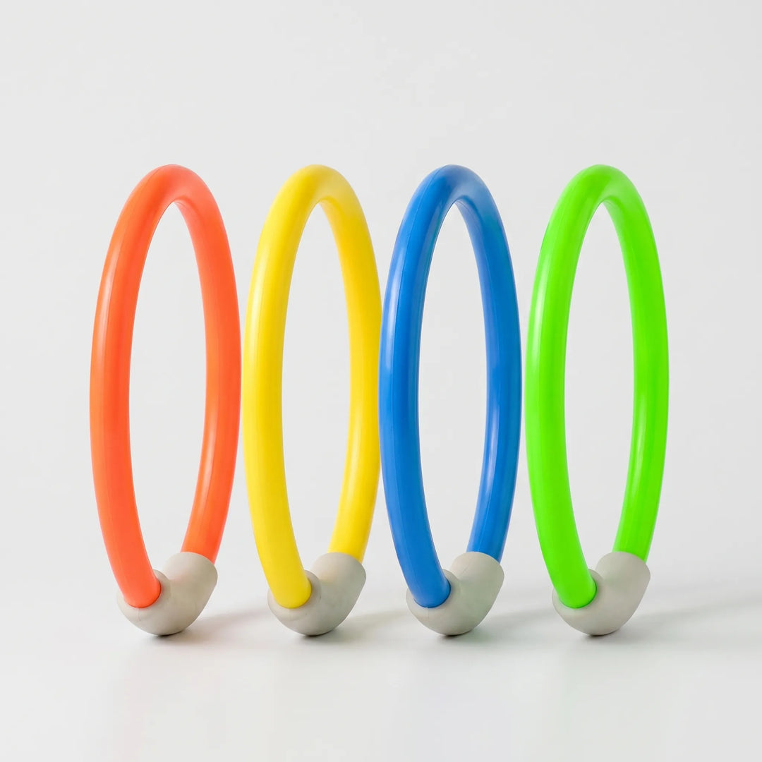 Brightly colored weighted diving toys for children, ideal for pool playtime, swimming practice, and water games.