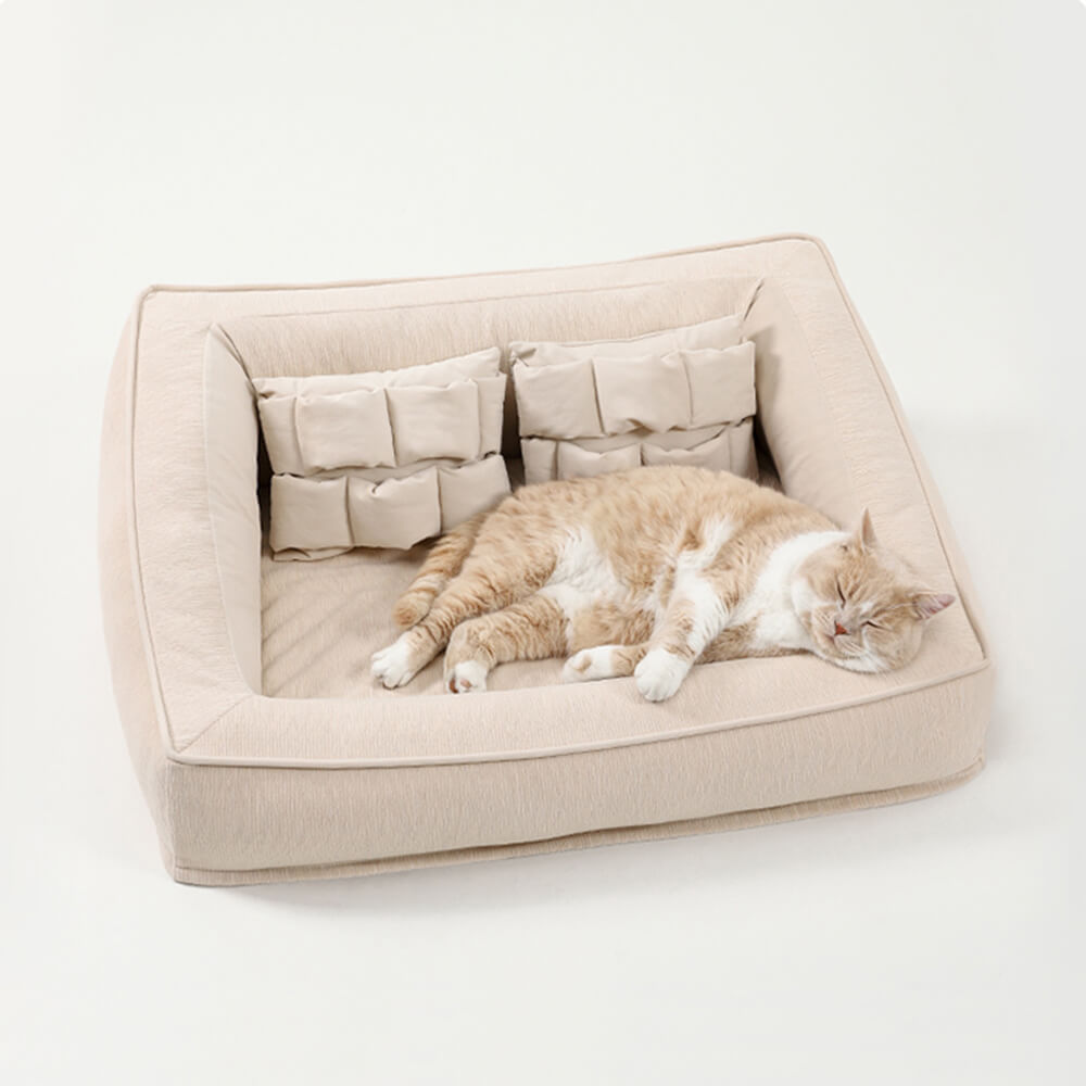 Comfort Orthopedic Pet Sofa Bed, plush gray, with pillows, for superior dog & cat support.