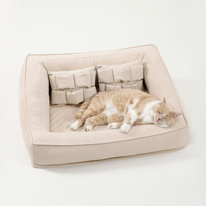 Comfort Orthopedic Pet Sofa Bed, plush gray, with pillows, for superior dog & cat support.