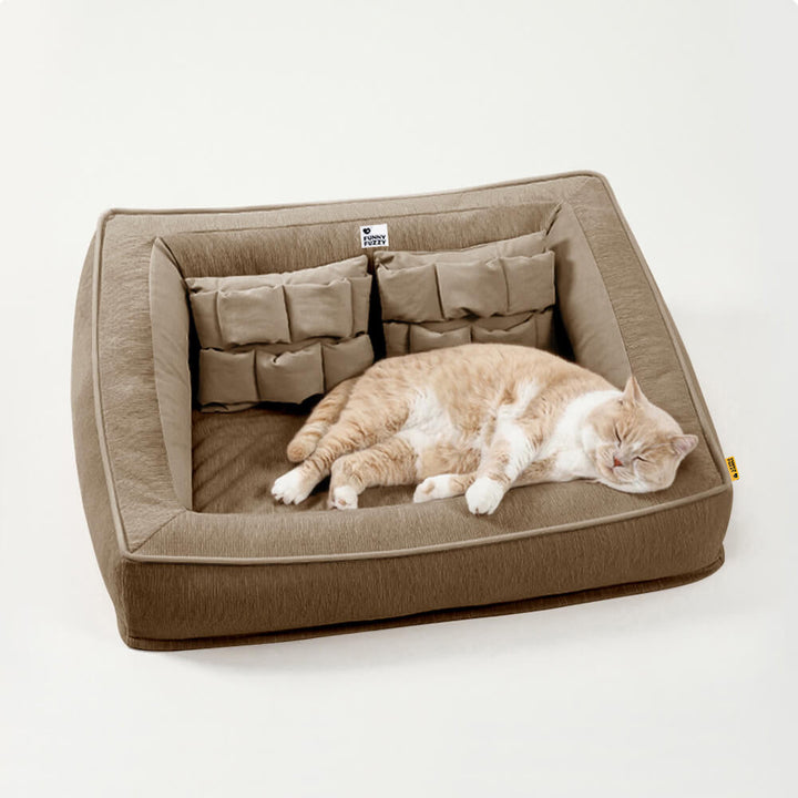 Modern pet sofa bed with orthopedic benefits and cozy pillows, blending with home decor.