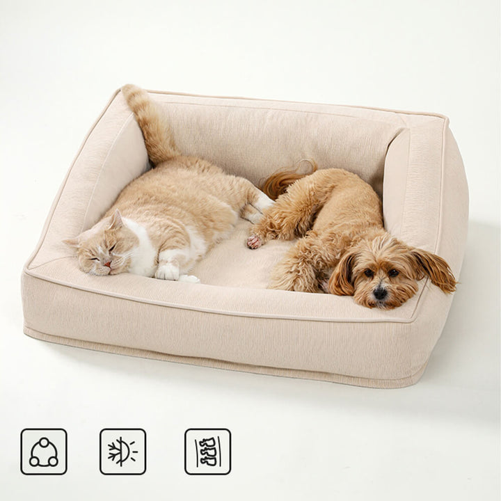 Luxury pet sofa bed, washable and orthopedic, featuring supportive foam and plush pillows.