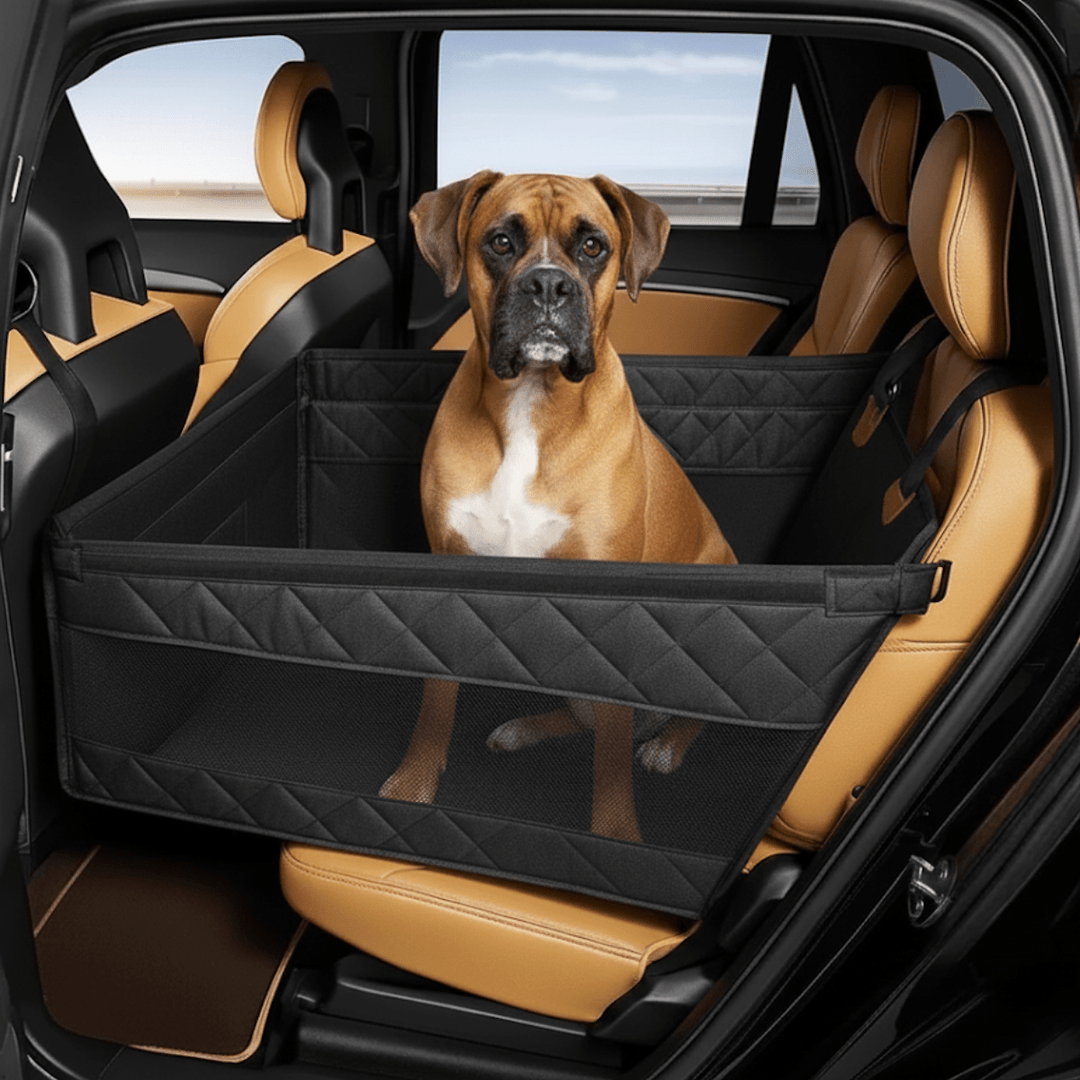 Dog car seat for pet travel, with a strong base and soft, comfortable, washable fabric