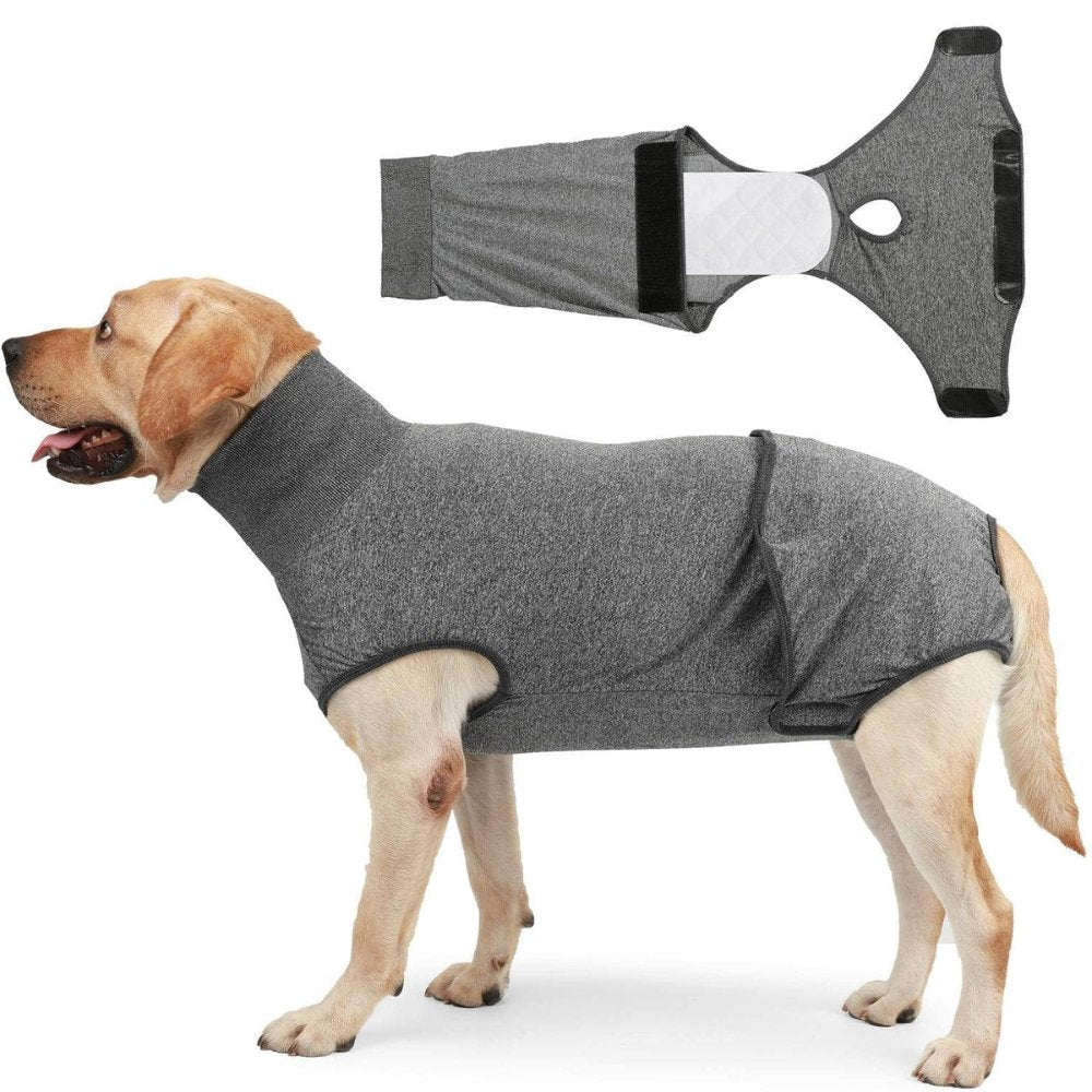 Soft dog recovery suit, a comfortable cone alternative, reduces dog anxiety & protects surgical wounds post-op.