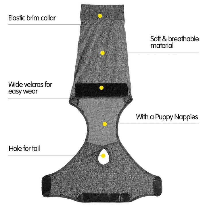 Flexible dog recovery suit for active pets, ensuring comfortable wound protection & quick post-surgery healing.