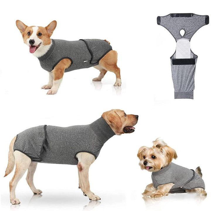 Breathable fabric dog recovery suit provides comfortable wound protection, post-surgery care & cone alternative.