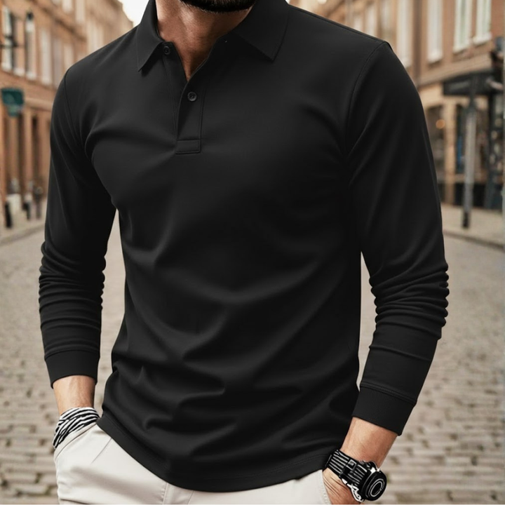 Comfortable men's loose fit long sleeve polo shirt in a solid color, ideal for casual autumn and spring fashion.