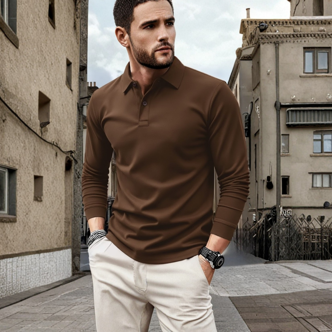 Versatile men's long sleeve solid color polo shirt, perfect for layering in autumn & spring outfits.