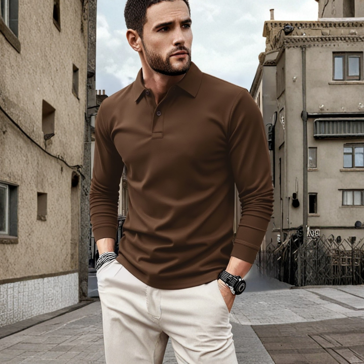 Versatile men's long sleeve solid color polo shirt, perfect for layering in autumn & spring outfits.