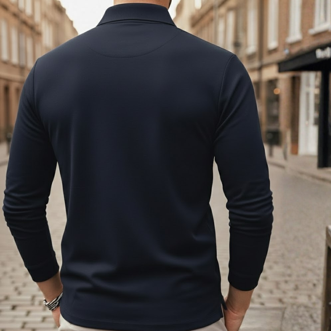 Relaxed men's loose fit long sleeve polo shirt in a timeless solid color for casual and smart-casual looks.