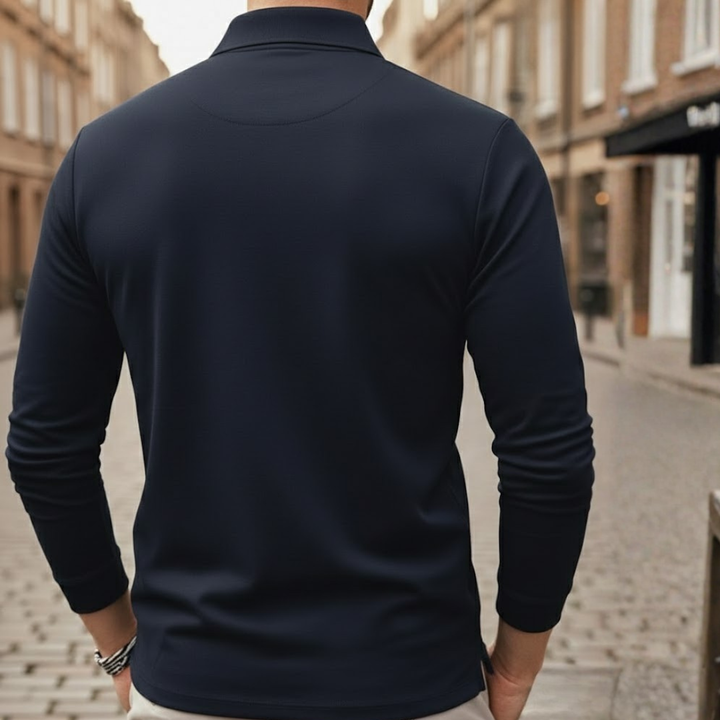 Relaxed men's loose fit long sleeve polo shirt in a timeless solid color for casual and smart-casual looks.