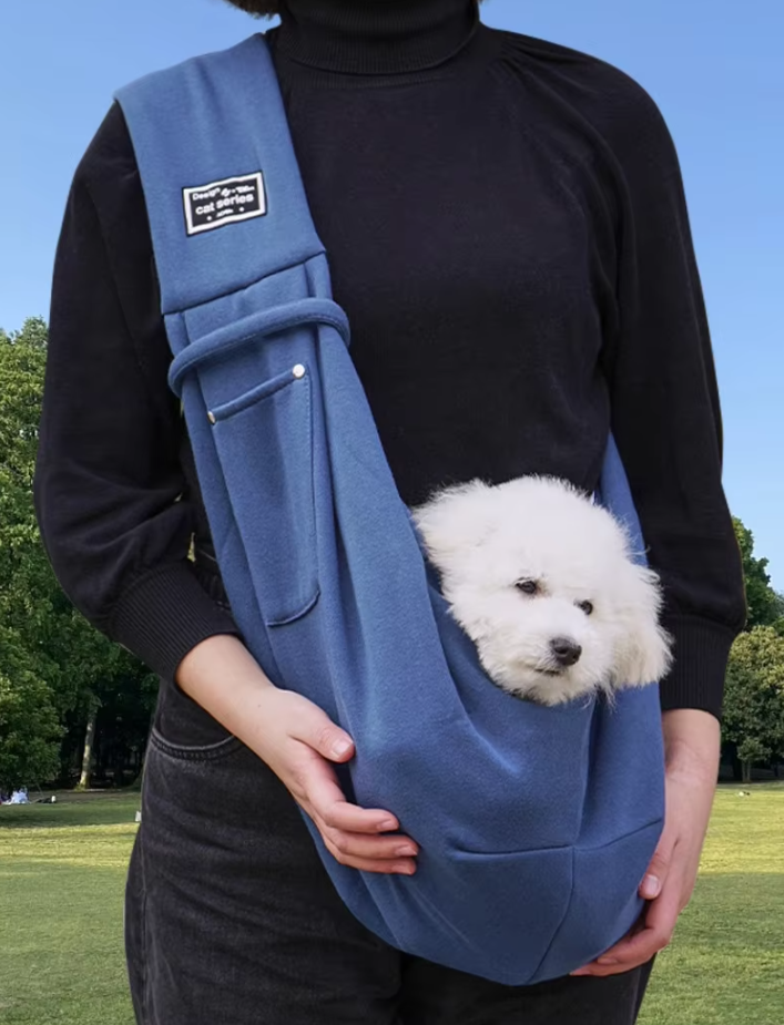 Navy blue pet shoulder carrier, ideal for small dogs and cats on the go