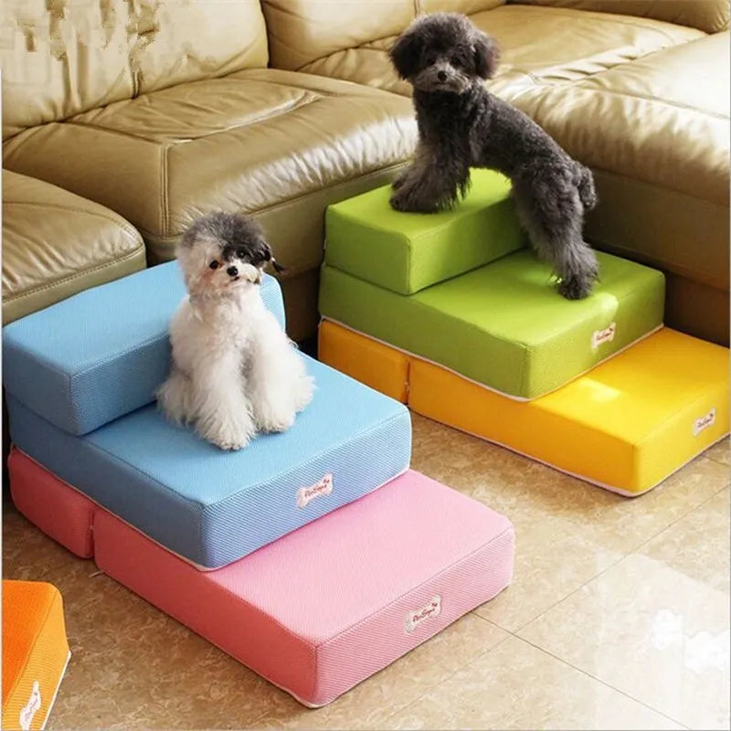 Comfortable pet stairs with non-slip foam and washable cover for sofa access, grey color