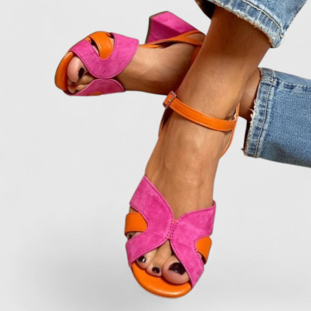 Comfortable women's wedge sandals. Pink casual summer shoes with adjustable strap for everyday wear and comfort footwear.