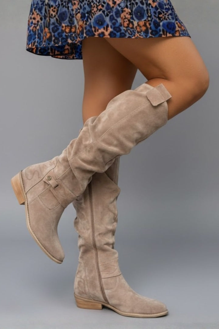 Fashionable knee-high womens boots, offering a flat heel for all-day comfort and style.