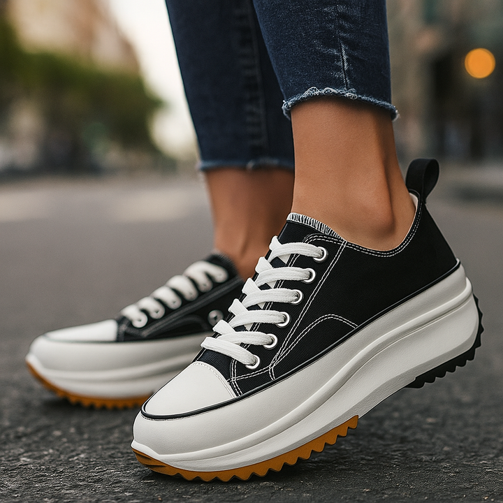 Tan & white lace-up platform sneakers for women. Comfortable, orthopedic, shock-absorbing, and versatile for daily wear.