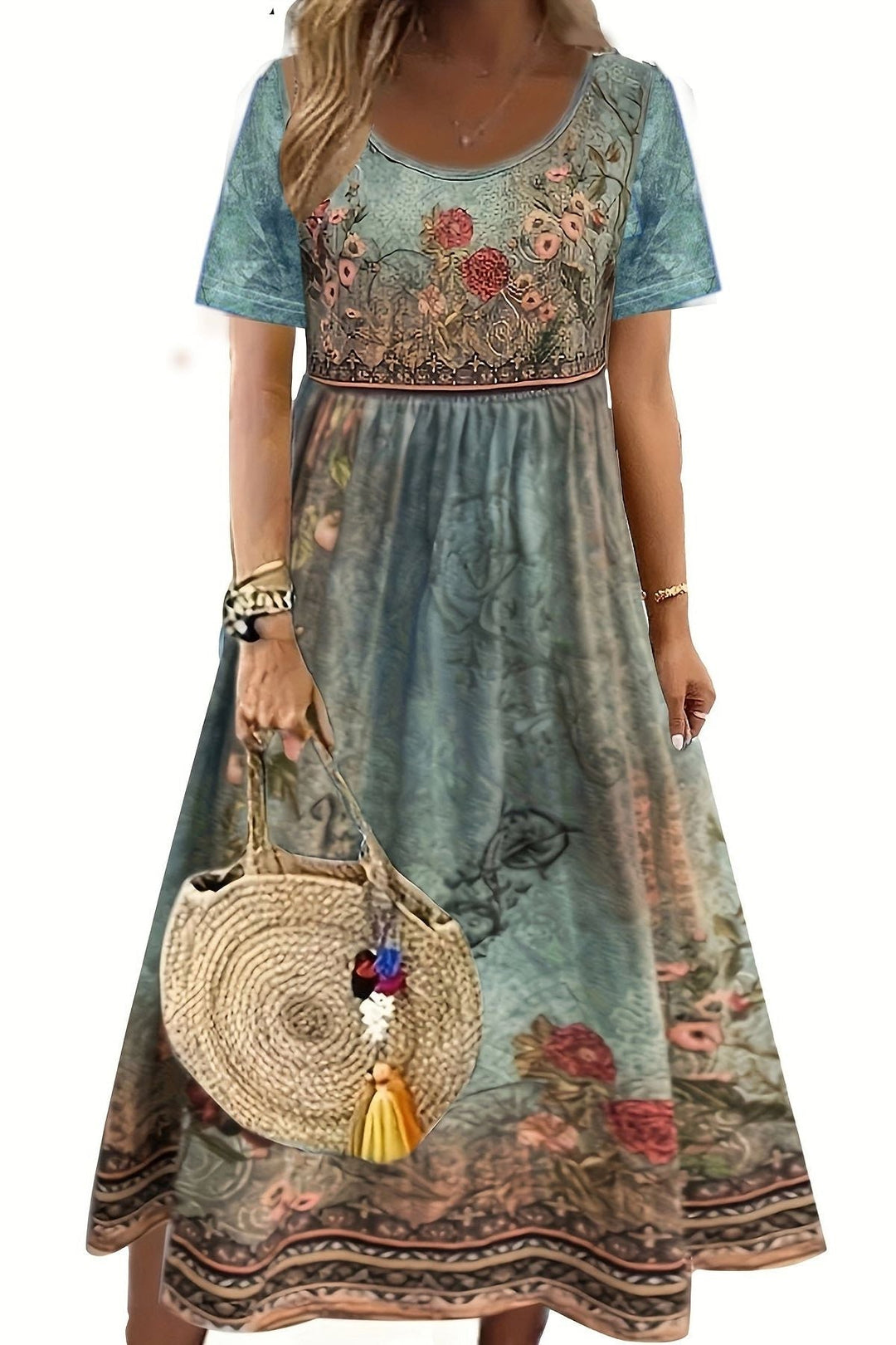 Comfortable women's printed midi dress, relaxed fit, perfect for everyday wear and effortless style.