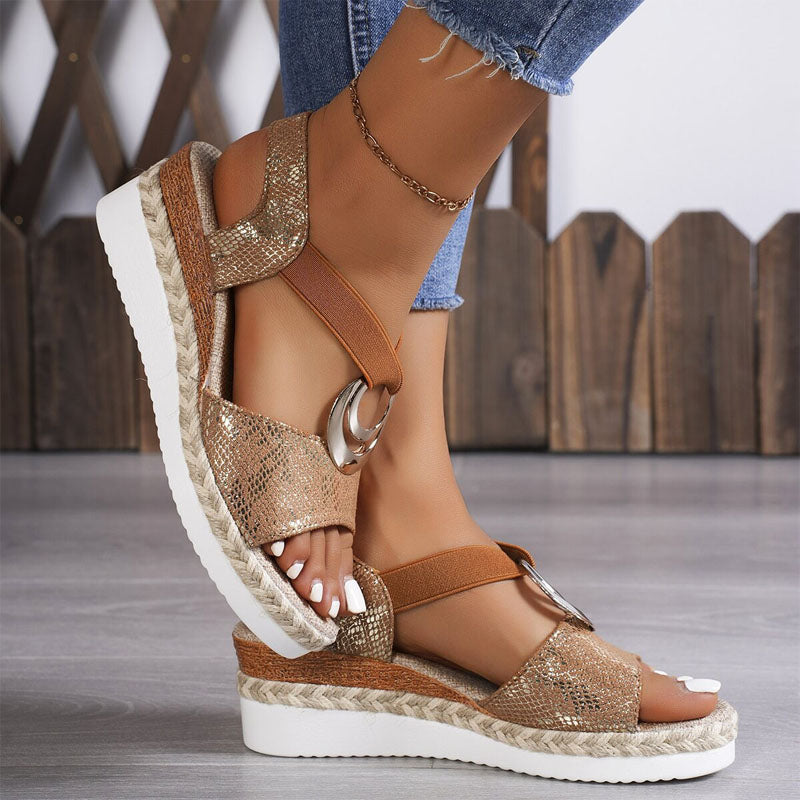 Stylish women's comfortable wedge sandals with open toe, elastic straps & supportive platform for casual wear.
