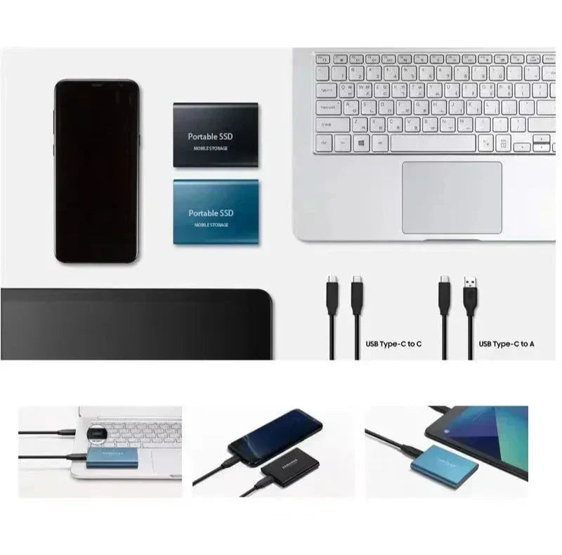 High-speed 128GB portable SSD external hard drive with USB-C for quick data transfer on PCs & laptops.