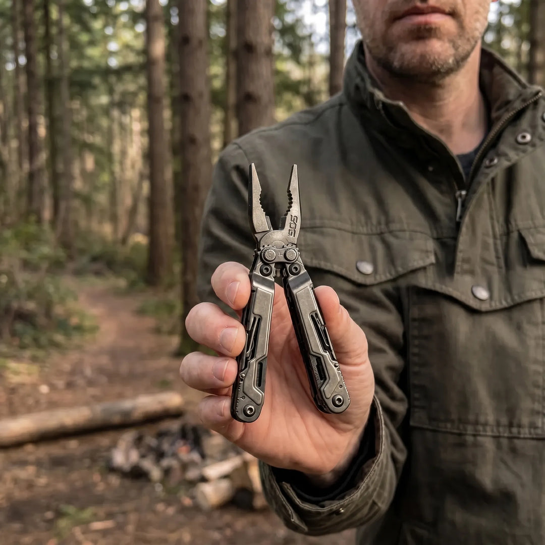 Compact 18-function folding multi-tool with pliers, perfect for camping, hiking, and EDC utility tasks.