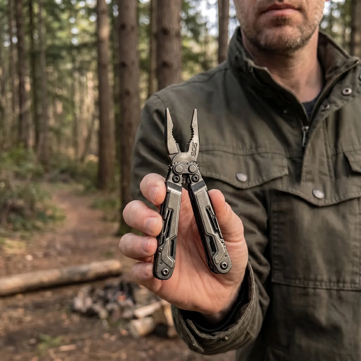 Compact 18-function folding multi-tool with pliers, perfect for camping, hiking, and EDC utility tasks.