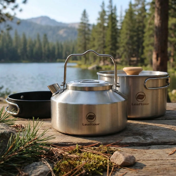 Compact 3-piece outdoor camping cookware set for hiking & adventure. Includes pot, pan, kettle for easy meals.