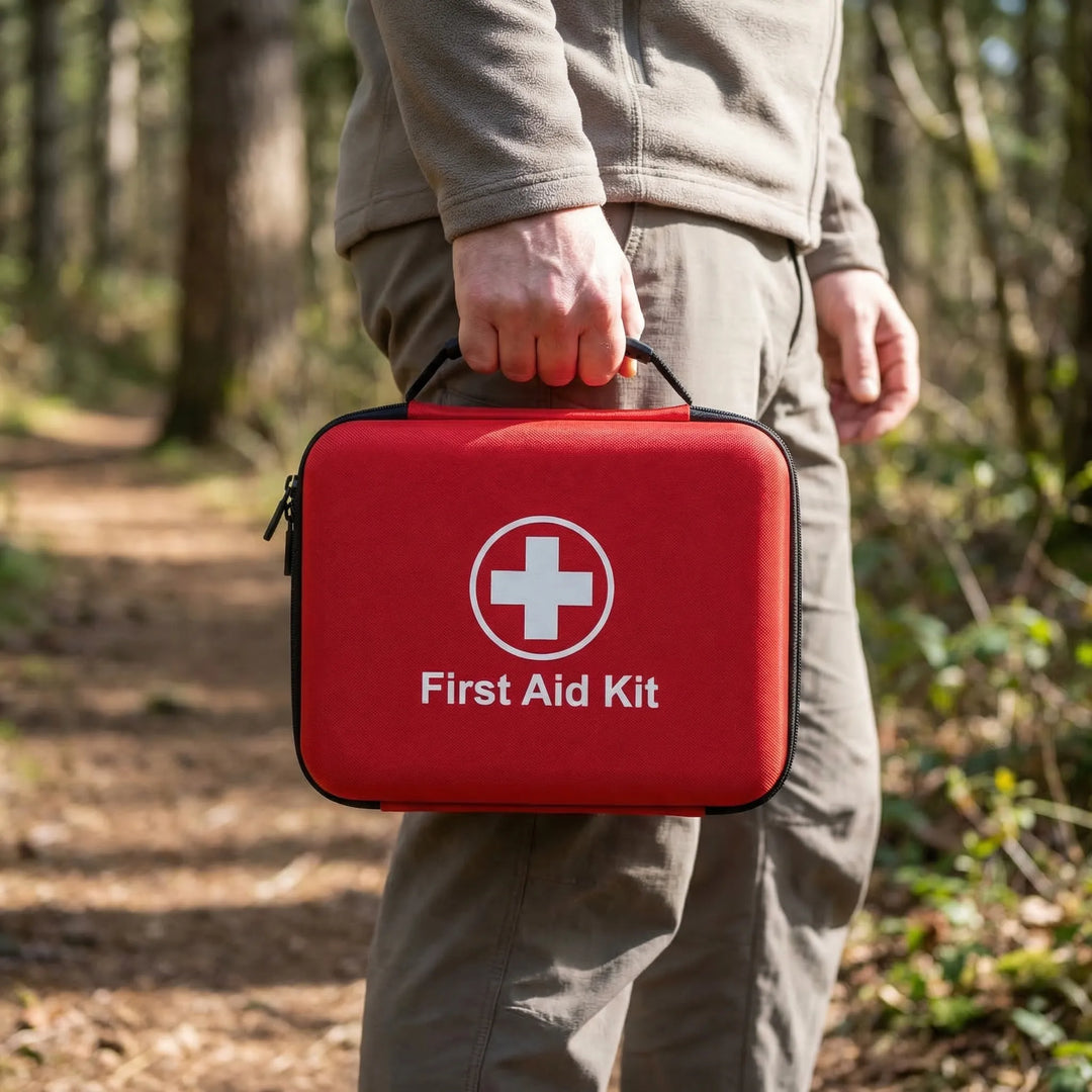 Compact 38-piece portable first aid kit, ideal for home safety, outdoor adventures, camping, hiking, and travel emergencies.