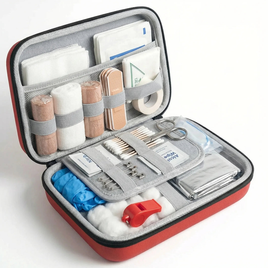 Durable 38-piece portable first aid kit, perfect survival gear for outdoor essentials like hiking, camping, and travel.