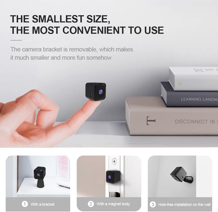 Mini 4K WiFi indoor security camera with motion detection and clear night vision.