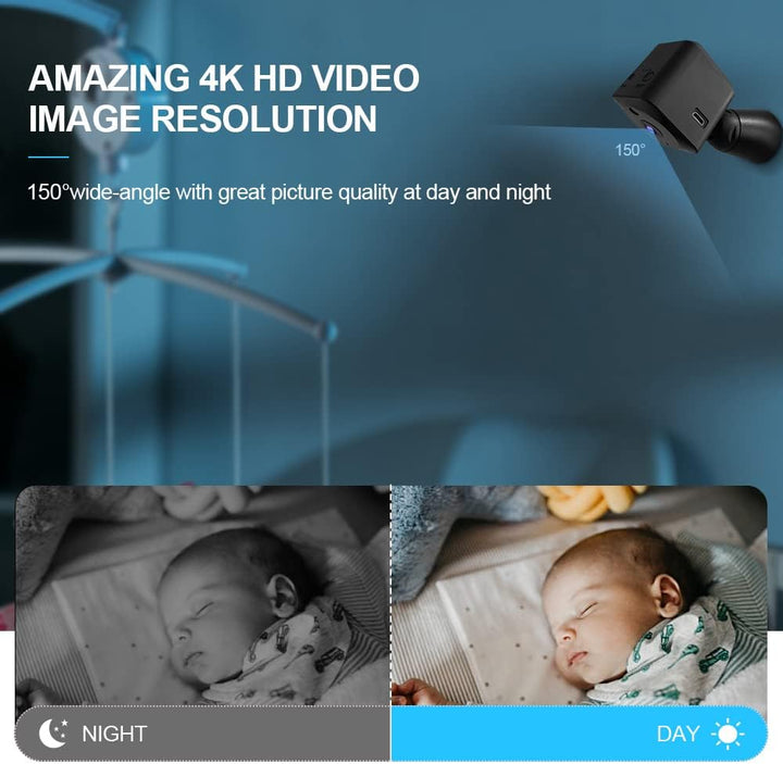 Small 4K WiFi home security camera with night vision and motion detection for indoor surveillance.