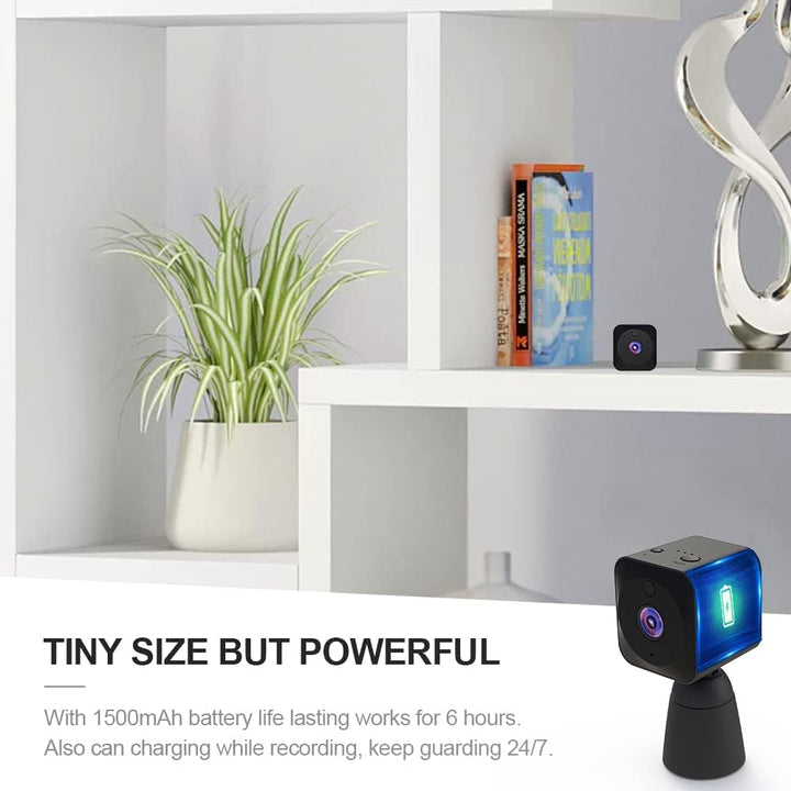 Miniature 4K WiFi security camera with night vision & motion detection, perfect for hidden indoor surveillance.