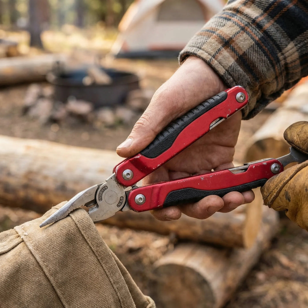 Compact 9-in-1 folding multi-tool in stainless steel, ideal for camping, hiking & everyday utility.