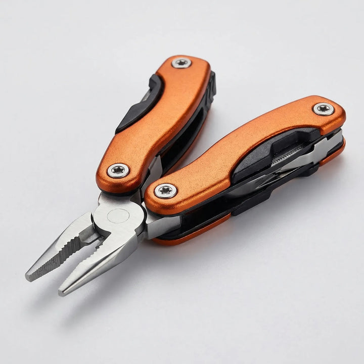 Ergonomic 9-in-1 multi-tool, open showing various tools. Great for camping, survival & everyday tasks.