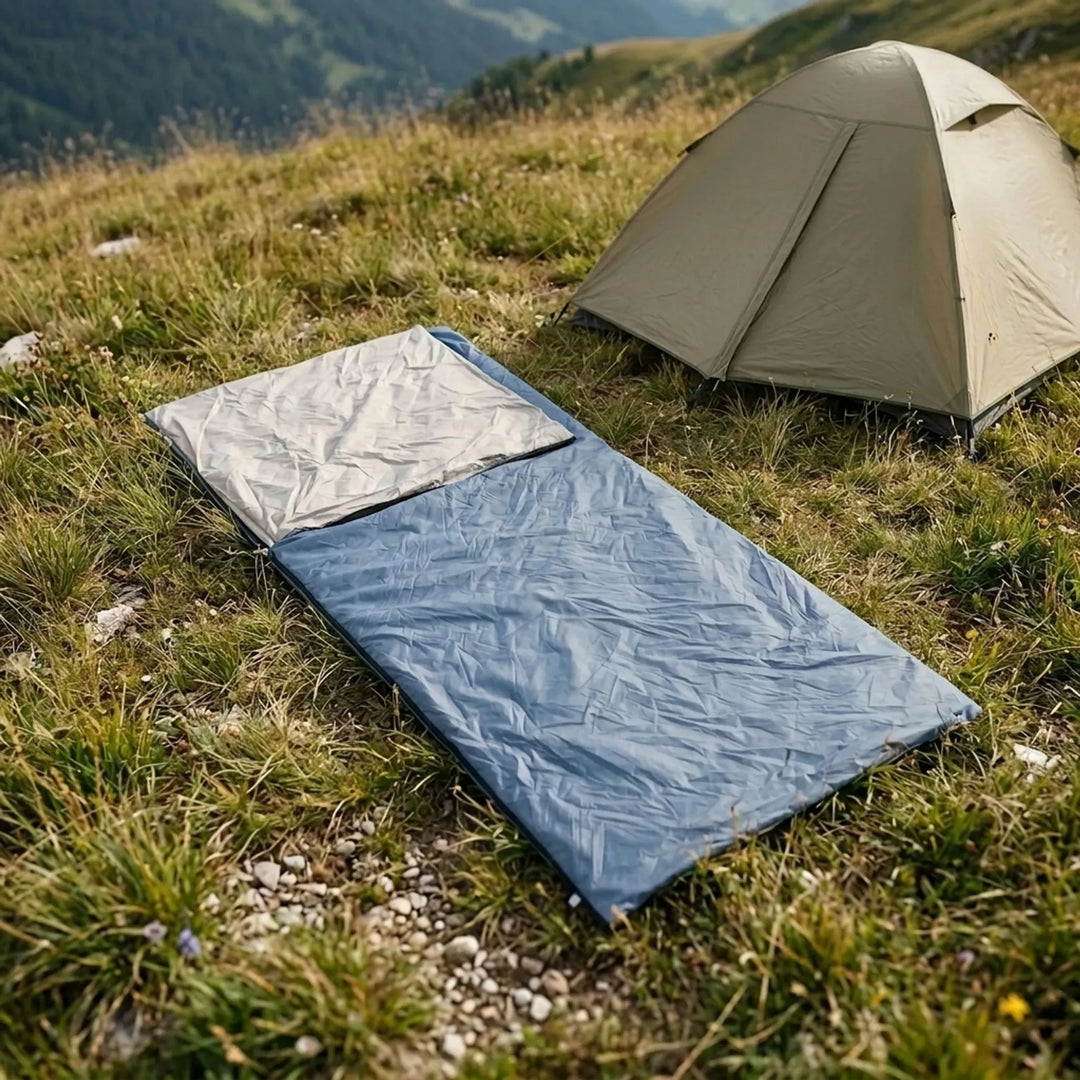 Compact brown camping sleeping bag for summer travel, lightweight for hiking.