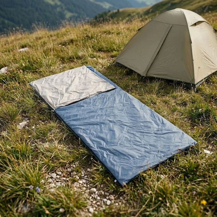 Compact brown camping sleeping bag for summer travel, lightweight for hiking.