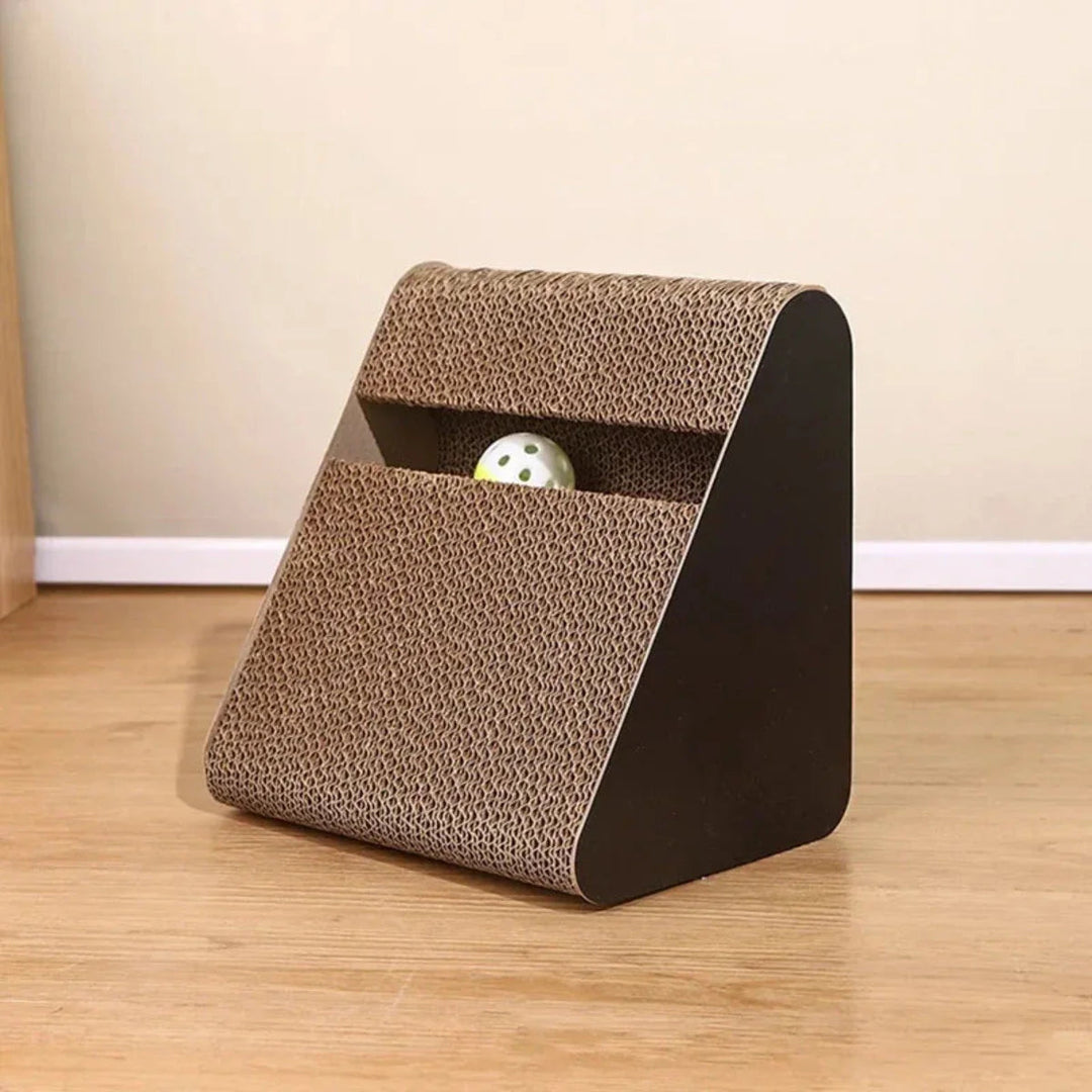 Compact cat scratching board with sisal surface & integrated toy ball, space-saving feline entertainment.