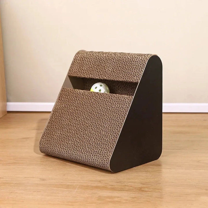 Compact cat scratching board with sisal surface & integrated toy ball, space-saving feline entertainment.