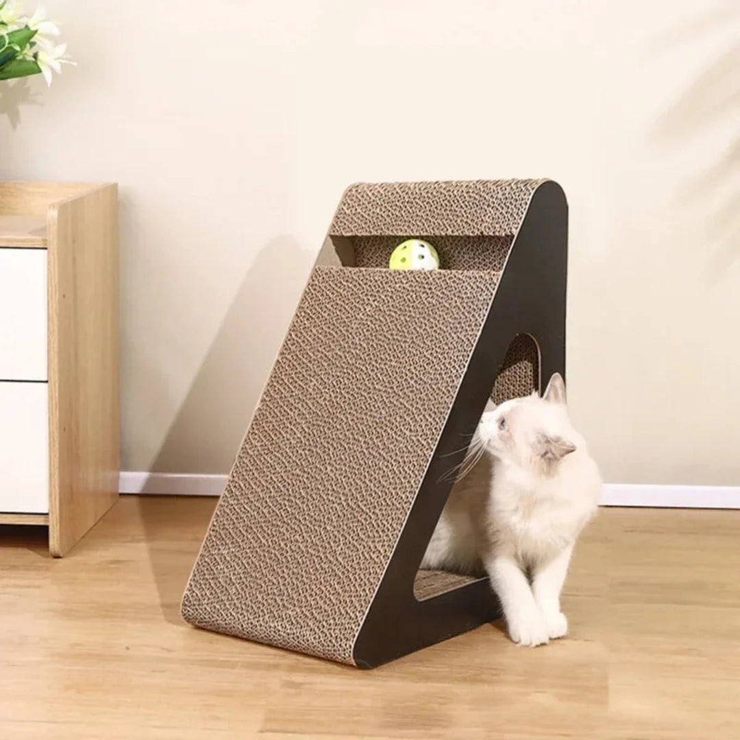 Interactive cat scratcher featuring a corrugated board & an enticing toy ball for playful felines.