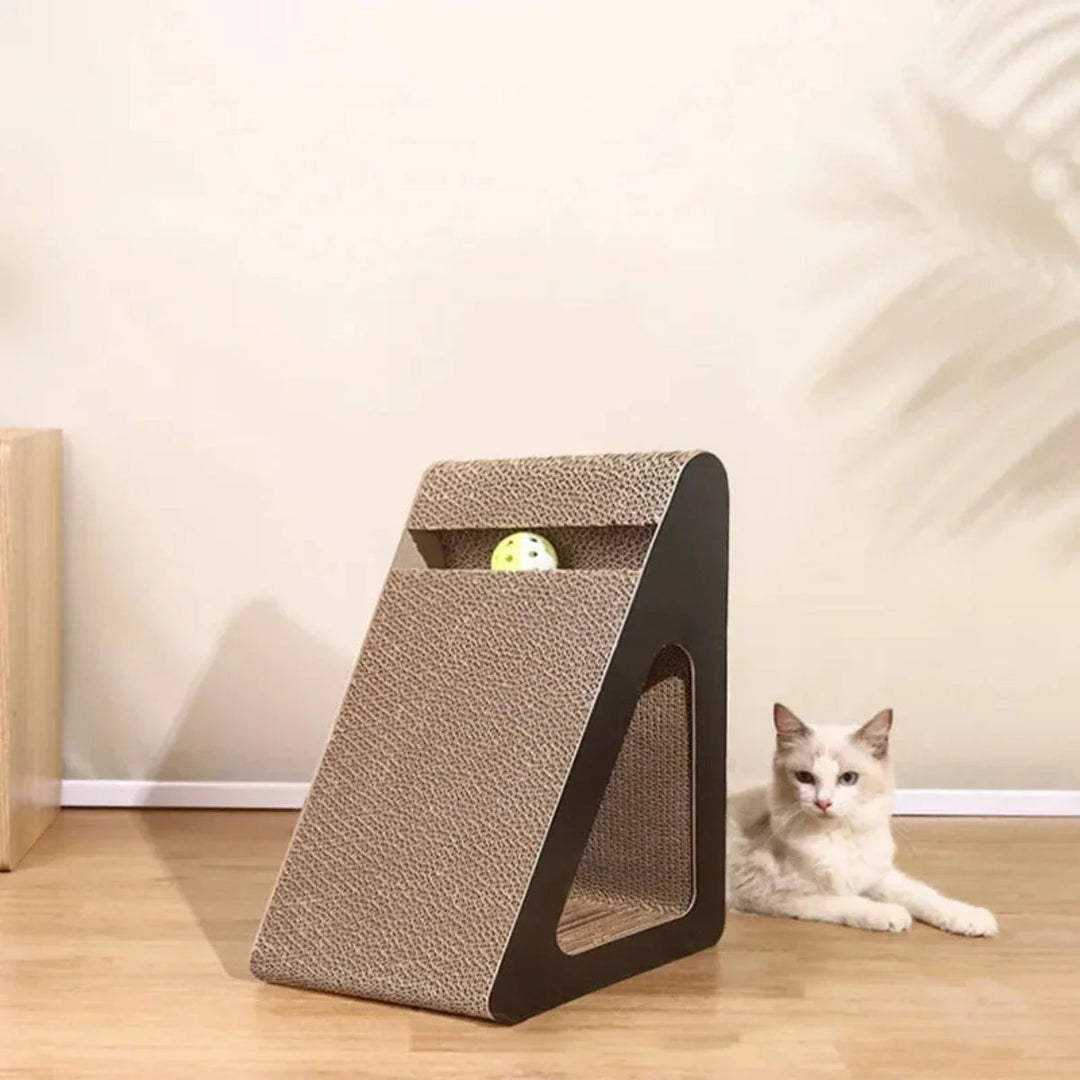 Multi-cat scratching board & toy ball combo, designed for durability & compact pet entertainment.