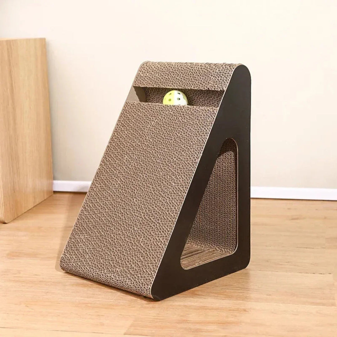 Sustainable cat scratcher with toy ball, a compact and practical solution for feline scratching needs.