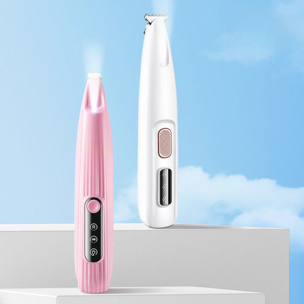 Portable pet care trimmer, rechargeable and designed for effective and safe sensitive area grooming.